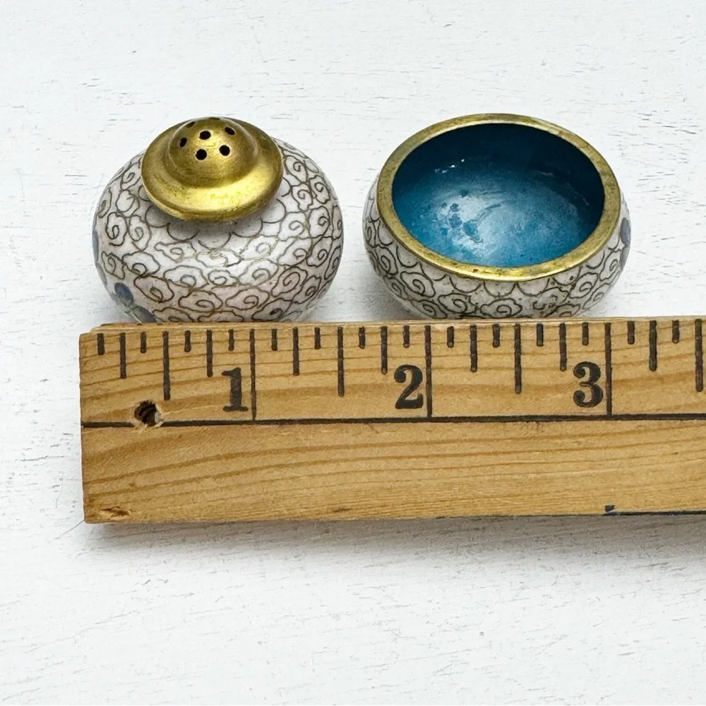 Blue Floral Cloisonné Salt and Pepper Shaker Cellar Vintage Stackable Brass